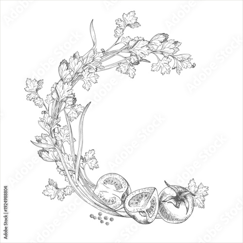 Wreath of the green onion, tomatoes cherry, parsley and black pepper. For packaging design, cards, cover, prints, product labels and fabric.