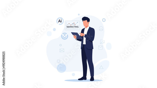 Businessman analyzing marketing data on tablet, AI concept