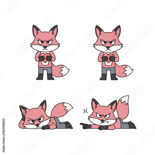 Cartoon fox character showing various angry facial expressions and gestures