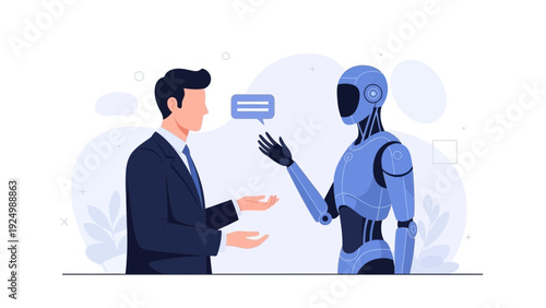 Businessman communicating with advanced robot, ai technology integration concept