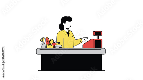Woman in yellow shirt checking out groceries at the store checkout counter with cash register