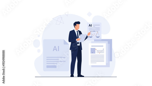 Businessman Explaining AI Document with Scales of Justice