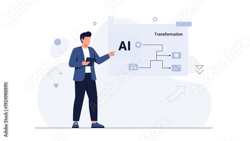 Businessman Explaining AI Transformation Process on Whiteboard