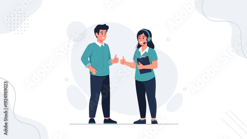 Customer service team, client satisfaction, happy couple, thumbs up, professional communication