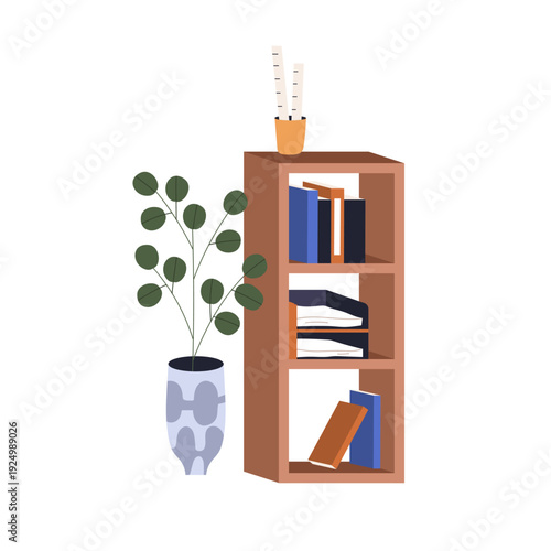 Bookshelf furniture. Wooden open shelf with books, documents. Office papers, ...