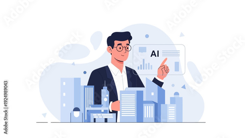 Businessman interacting with AI interface, data analysis, innovation, technology concept