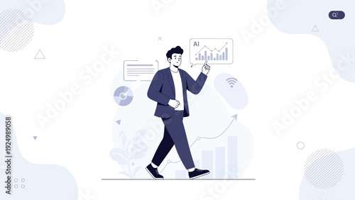 Businessman interacting with AI data analytics, charting growth and progress