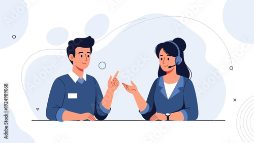 Customer Service Teamwork: Man and Woman Talking with Headsets