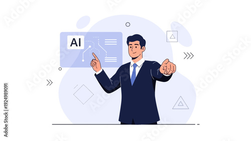 Businessman interacting with AI interface, technology concept, digital transformation
