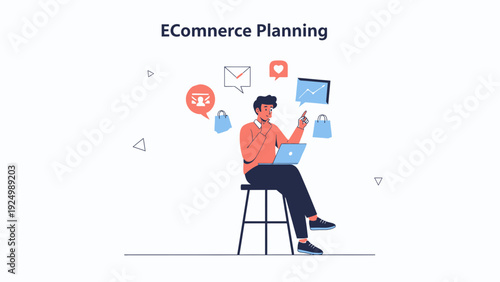 E-commerce Planning - Man with Laptop, Shopping Bags, Social Media Icons