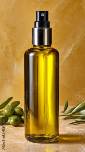 Elegant olive oil spray bottle against a warm cream background with green olives in the foreground