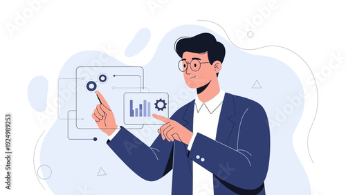 Businessman interacting with futuristic digital data interface, analytics concept