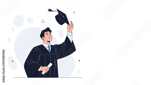 Graduation Day Celebration: Happy Student Tosses Cap in Air, Holding Diploma