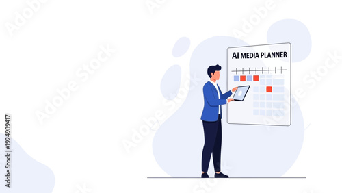 Businessman planning with AI media planner on tablet and calendar