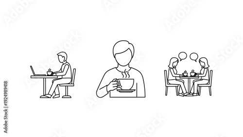 People working enjoying coffee and food in various settings with simple line illustrations