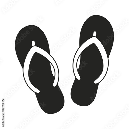 Pair of classic black flip-flops with white straps shown in silhouette isolated on white background, Vector, illustration