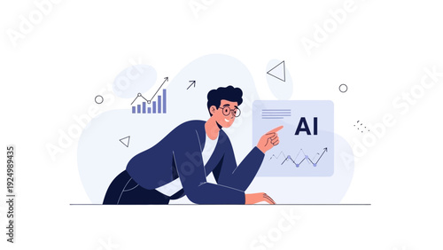 Businessman pointing at AI analytics chart with upward trend graph