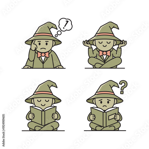 Cartoon wizard reading book with thought bubbles in meditation pose