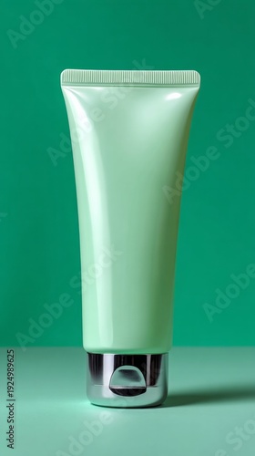 Green face wash tube on a seamless mint green background in a minimalist style