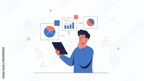 Man analyzing data charts on tablet, business analytics concept, modern flat illustration