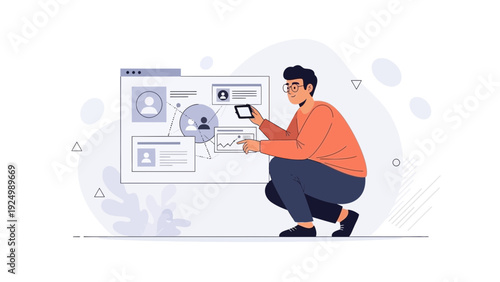 Man analyzing data on digital interface, business analytics, UI design concept