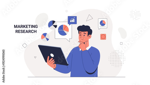 Man Analyzing Marketing Research Data on Tablet with Charts and Graphs