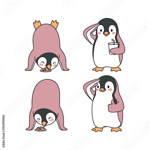 Cartoon penguins practicing yoga and relaxing in various poses with cute expressions