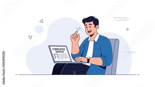 Man celebrating completion of online task on laptop, successful service achievement