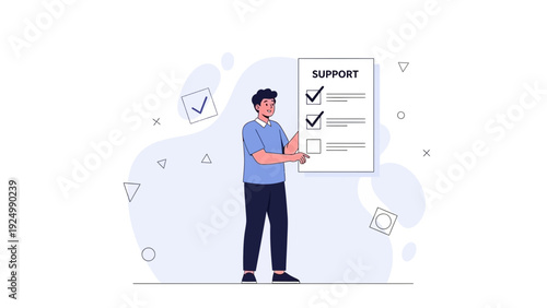 Man checking off support tasks on a checklist with abstract background