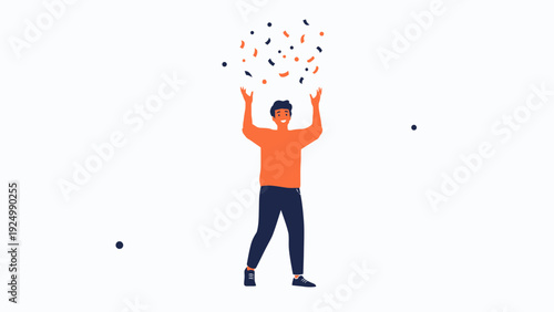 Man celebrating with confetti, flat illustration, happiness, party, joy, celebration