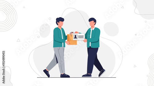 Man handing over package and ID card, concept of delivery, transfer, and identification