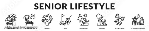 Senior lifestyle banner highlighting fulfillment, recreation, and active living during retirement years. in Lineal Icon Style