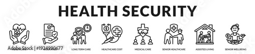 Health security concept emphasizing comprehensive care coverage and wellbeing assurance for seniors. in Lineal Icon Style
