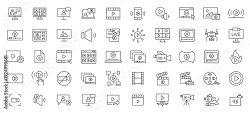 Modern Video & Media Thin Line Icons Set. Streaming, Film Production, Player Controls and Multimedia Outline Vector Collection