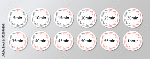 Round clocks chronometer countdown. Deadline timer set. Stopwatch icon. Timers with different minutes. Vector illustration. Flat design. Cooking indicators on white background.