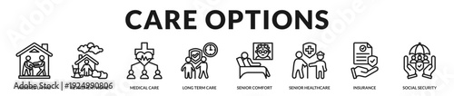Care options banner illustrating supportive living environments and structured senior healthcare solutions. in Lineal Icon Style