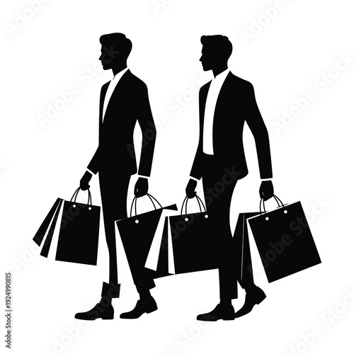 Two businessmen walking with multiple shopping bags in a stylish silhouette design isolated on white background, Vector, illustration