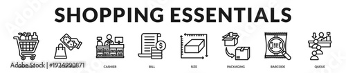 Shopping essentials theme illustrating operational retail processes and customer purchase flow. in Lineal Icon Style