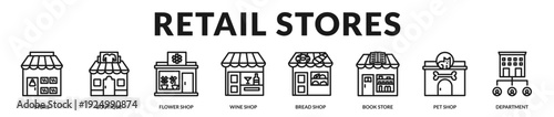 Premium retail stores concept presenting diverse commercial outlets and curated consumer experiences. in Lineal Icon Style