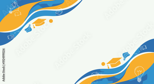 Abstract blue and orange wave border with education icons on a white background