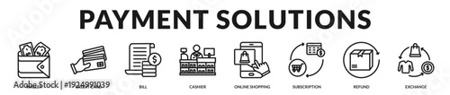 Payment solutions banner emphasizing secure transactions and flexible retail finance systems. in Lineal Icon Style