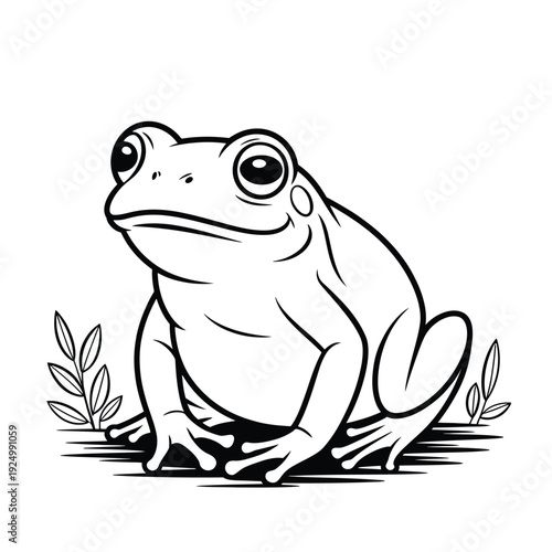 A stylized black and white illustration of a sitting toad in its natural habitat isolated on white background, Vector, illustration