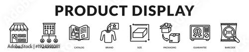 Product display banner highlighting organized merchandising and premium retail presentation. in Lineal Icon Style