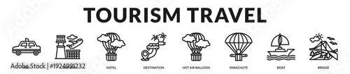 Tourism travel banner capturing premium journeys and global exploration experiences. in Lineal Icon Style
