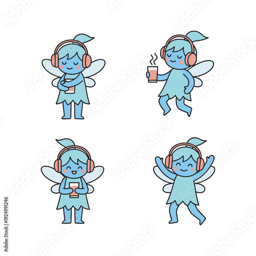 Cartoon blue fairy characters with headphones enjoying music in various poses