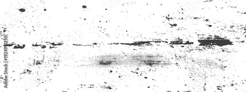 Grunge Distressed Overlay with Halftone Dots and Ink Splatters Black and White Vector Texture Background