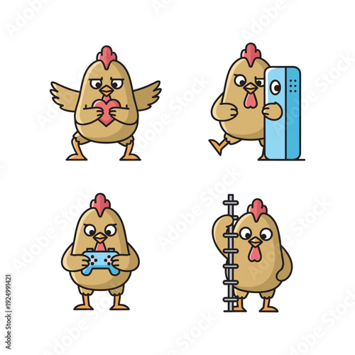 Angry chicken cartoon characters in various funny poses with appliances and objects