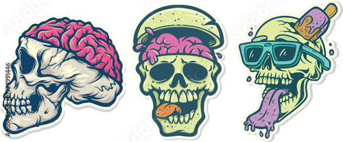 vector graphic fun skull head brain out ice cream cartoon groovy color