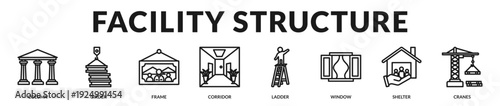 Facility structure banner presenting engineered frameworks and industrial architectural support systems. in Lineal Icon Style