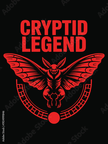 Mysterious cryptid owl creature with wings and a bold red legend title isolated on white background, Vector, illustration